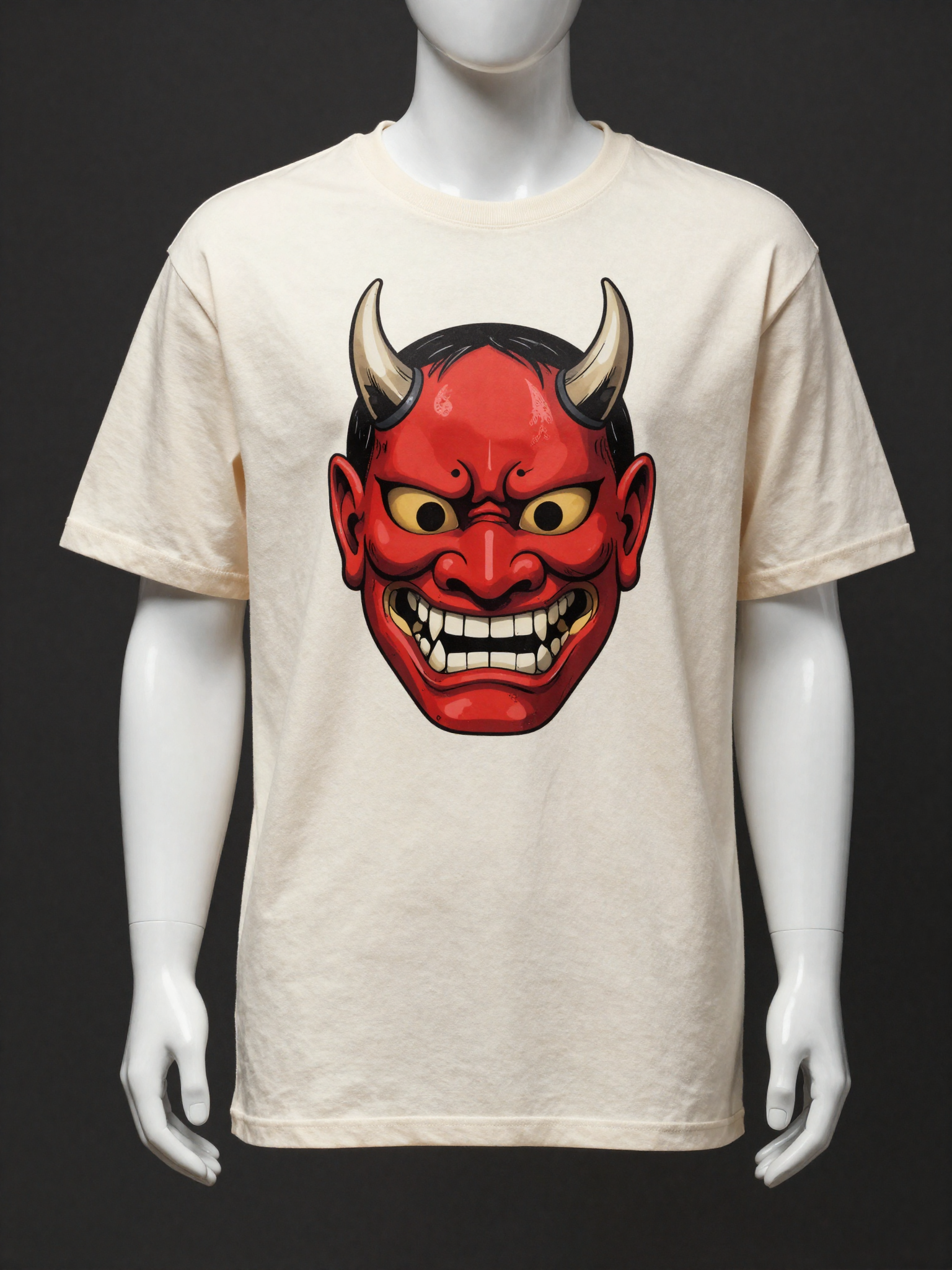 Bone white tee with red oni mask and kanji calligraphy