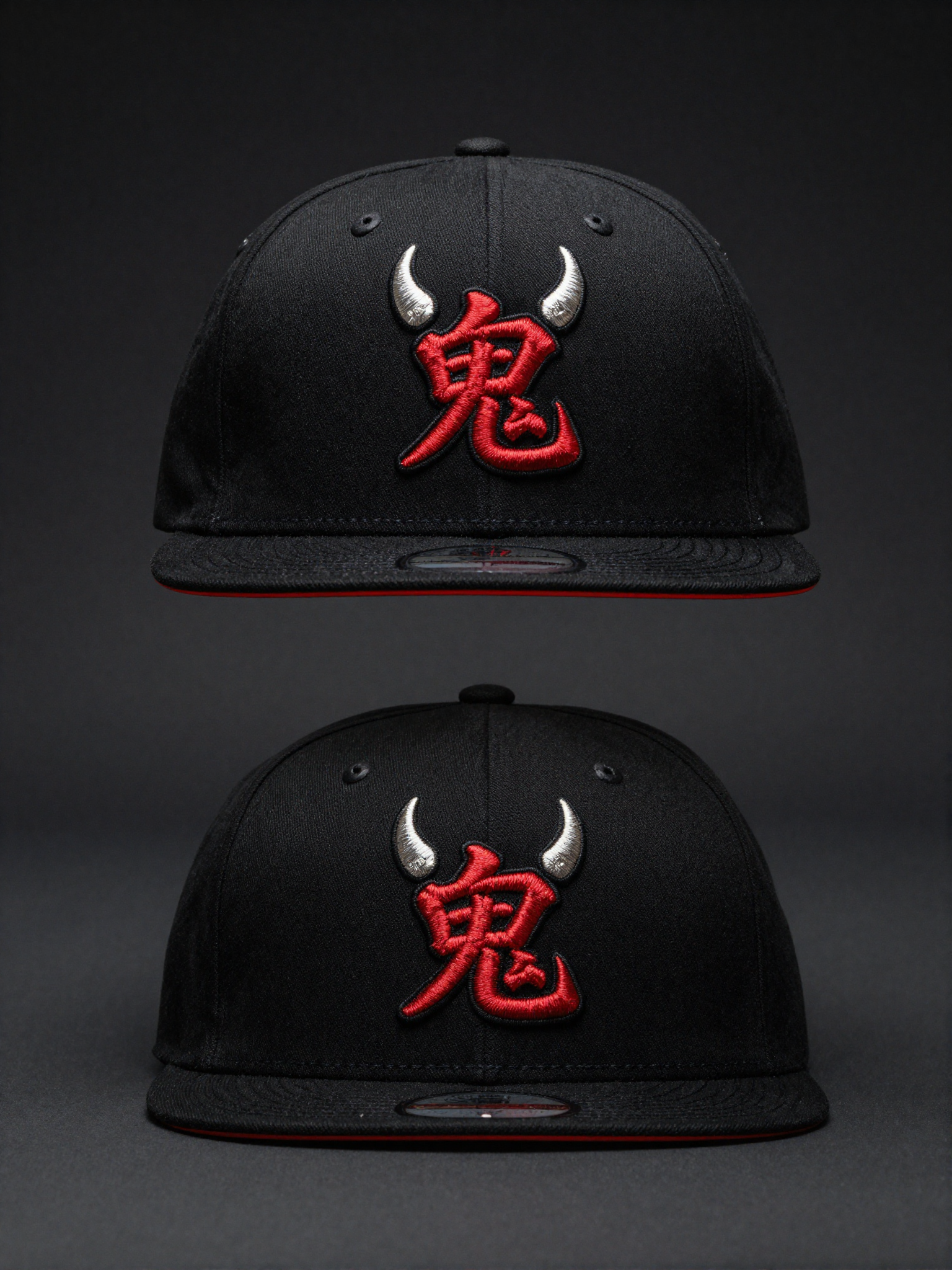 Black snapback cap with embroidered red kanji
