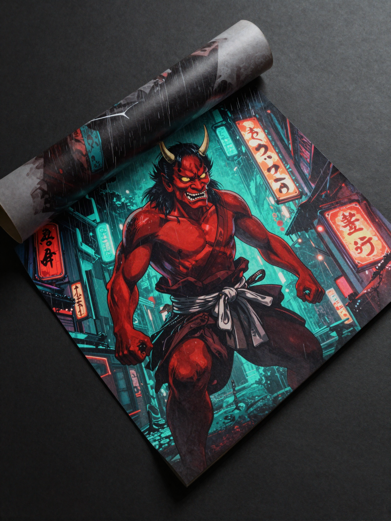 Anime art print of oni samurai in neon Tokyo alley