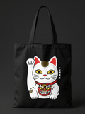 Black canvas tote with maneki-neko in oni mask print