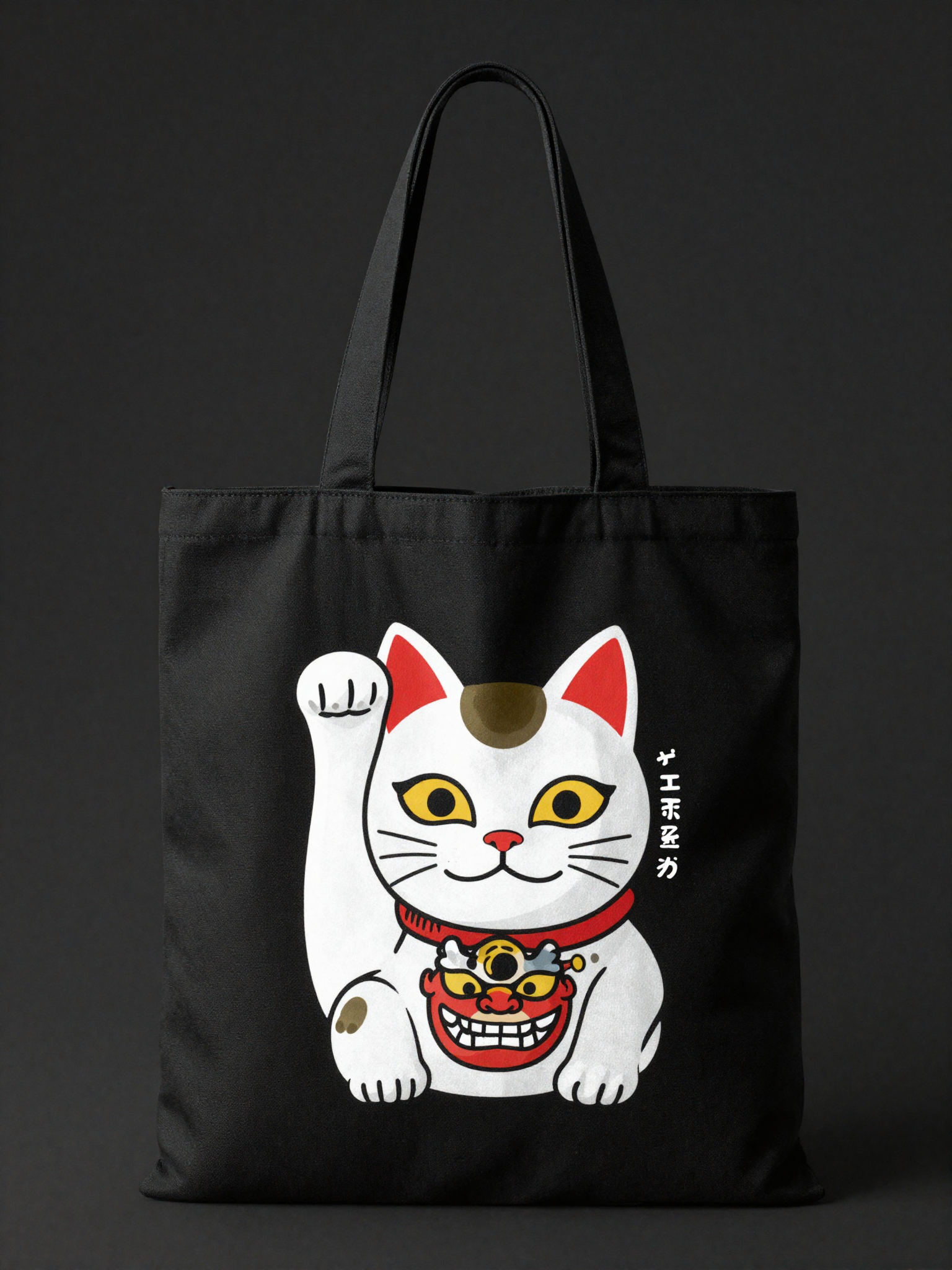 Black canvas tote with maneki-neko in oni mask print