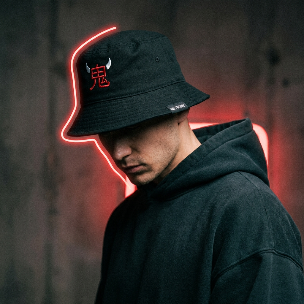 鬼 Bucket Hat — Low Profile on model