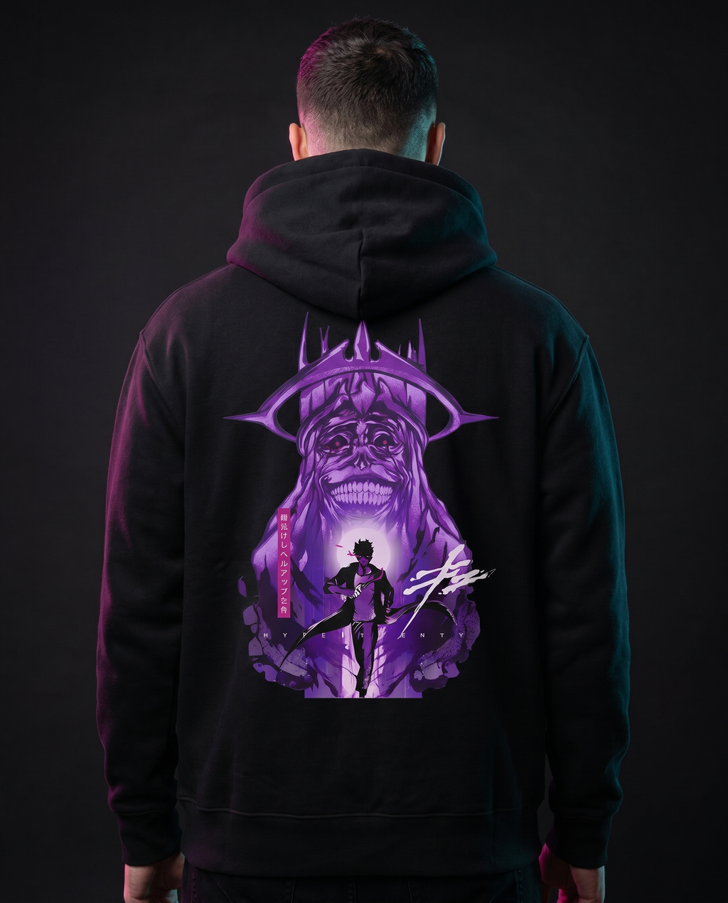 Model wearing SHADOW MONARCH hoodie, back view