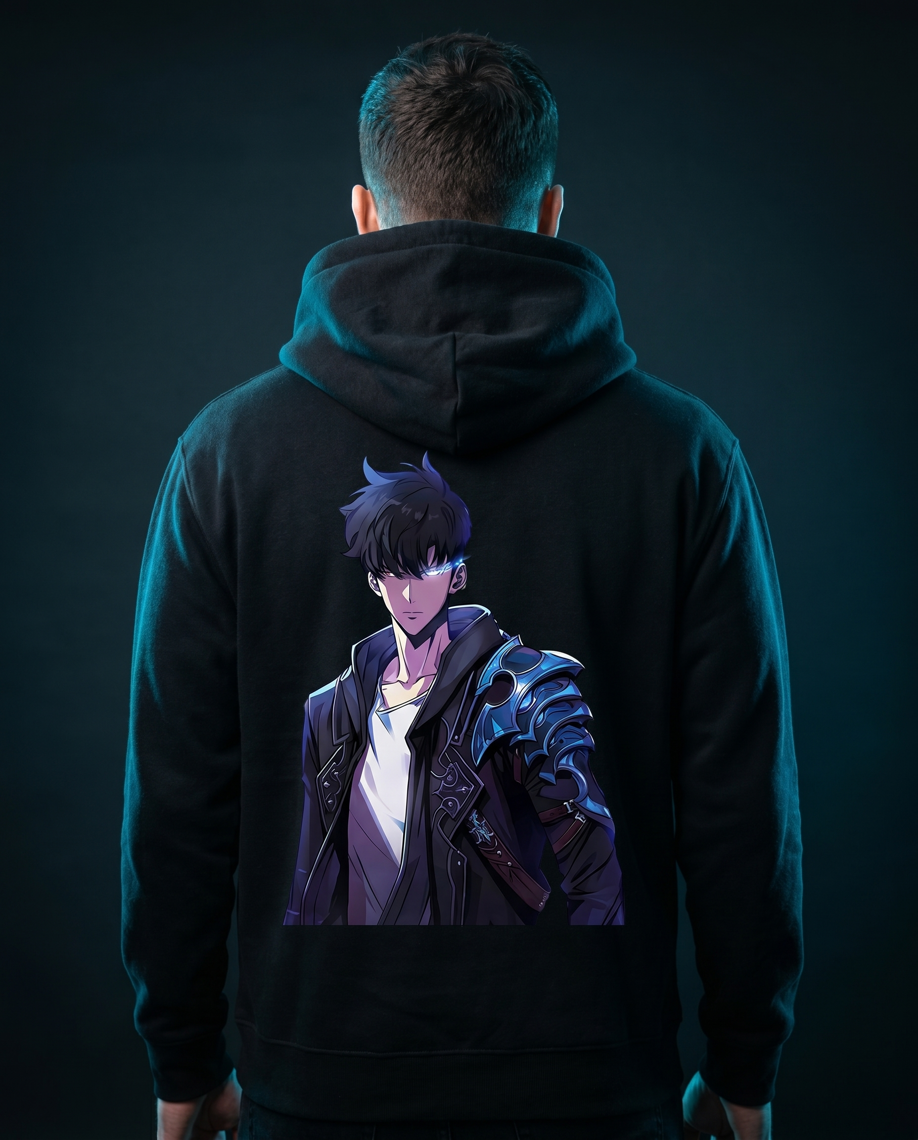 Model wearing ARISE hoodie, back view