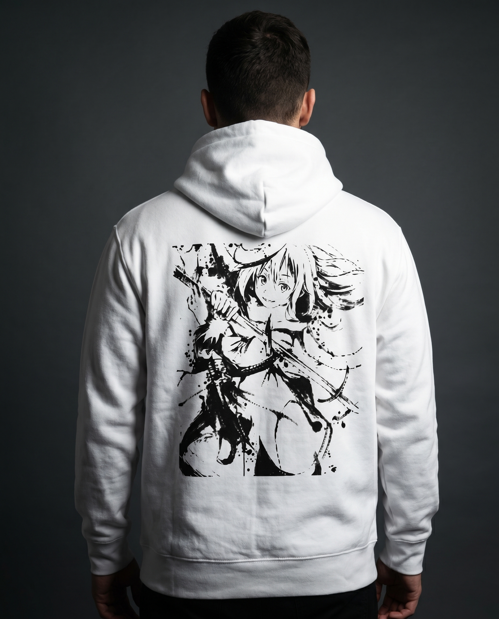 Model wearing SUMI-E white hoodie, back view