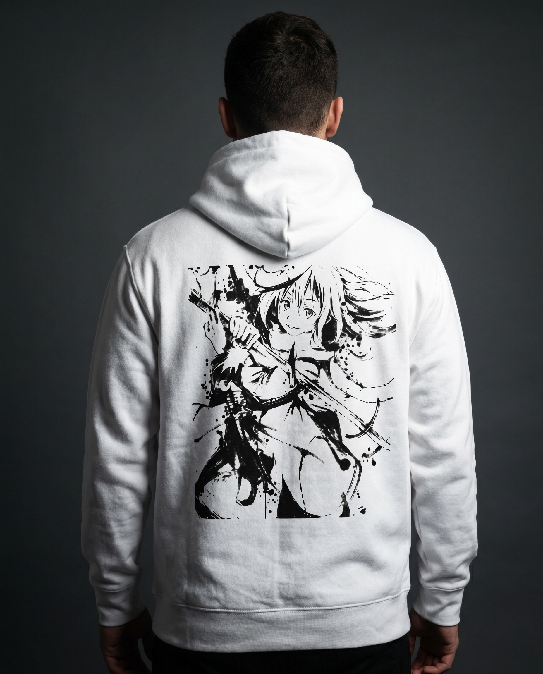 Model wearing SUMI-E white hoodie, back view