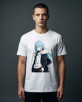 Model wearing TEMPEST white tee, front view