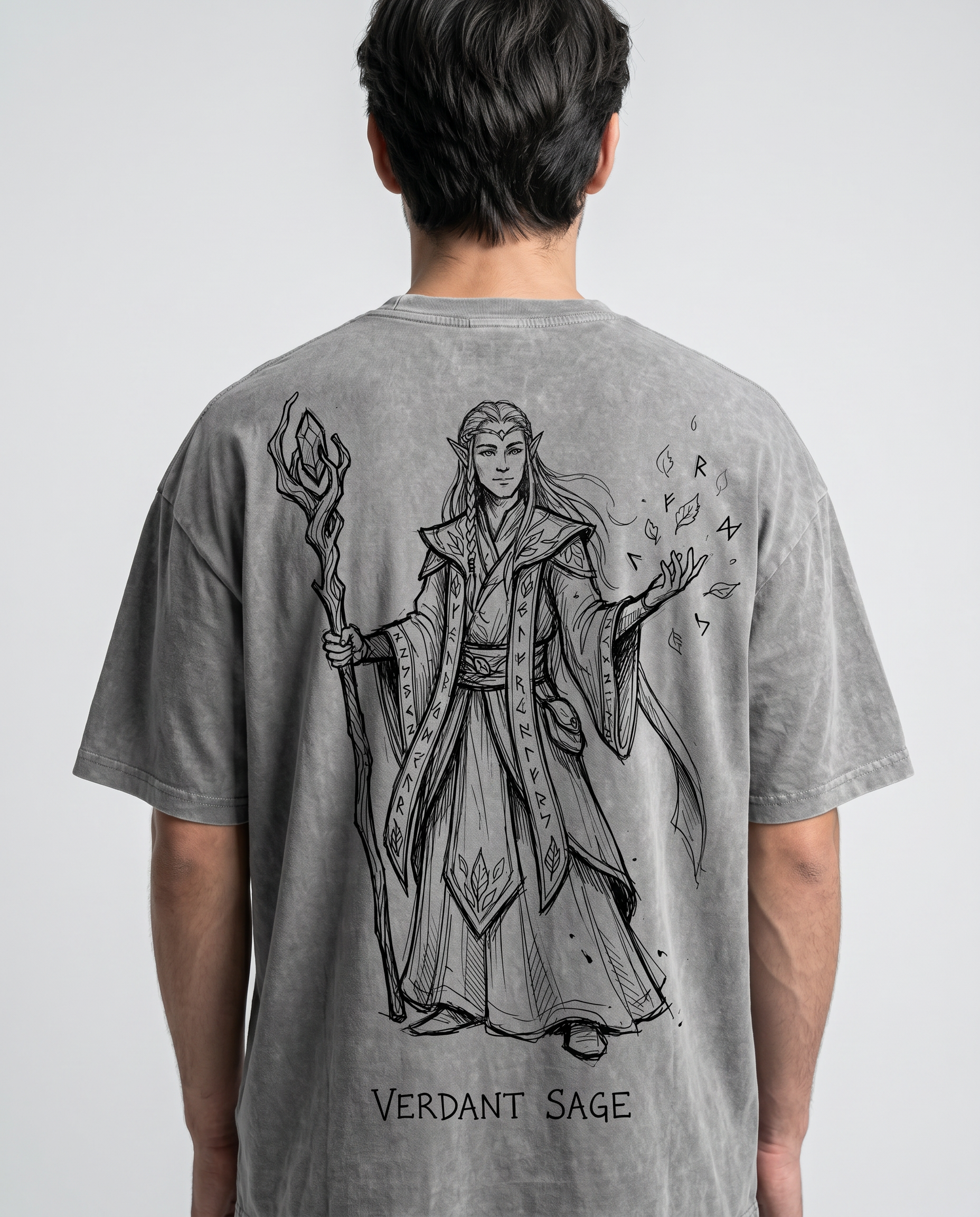VERDANT SAGE Tee — model back, large ink sketch