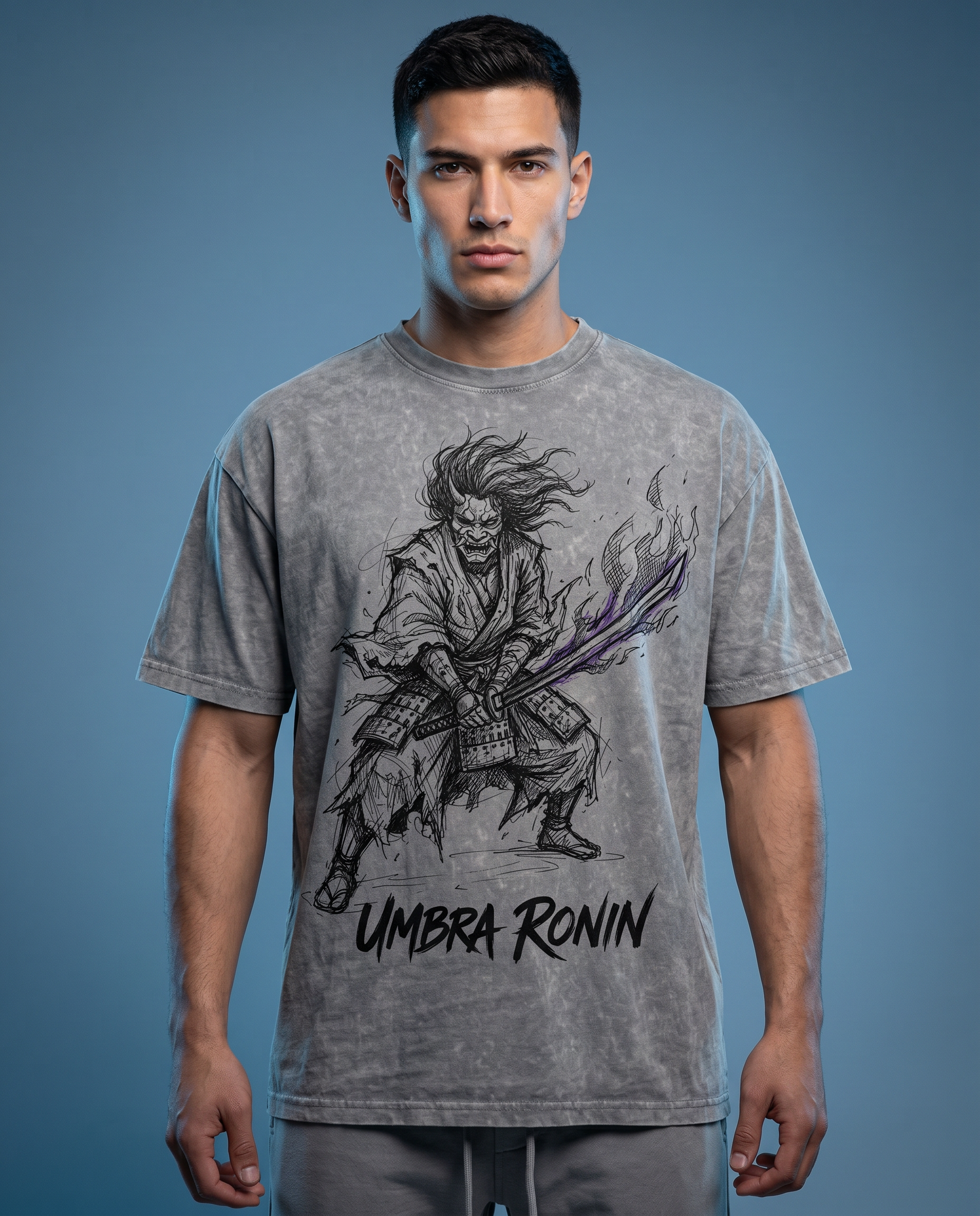 UMBRA RONIN Tee — model front, large ink sketch