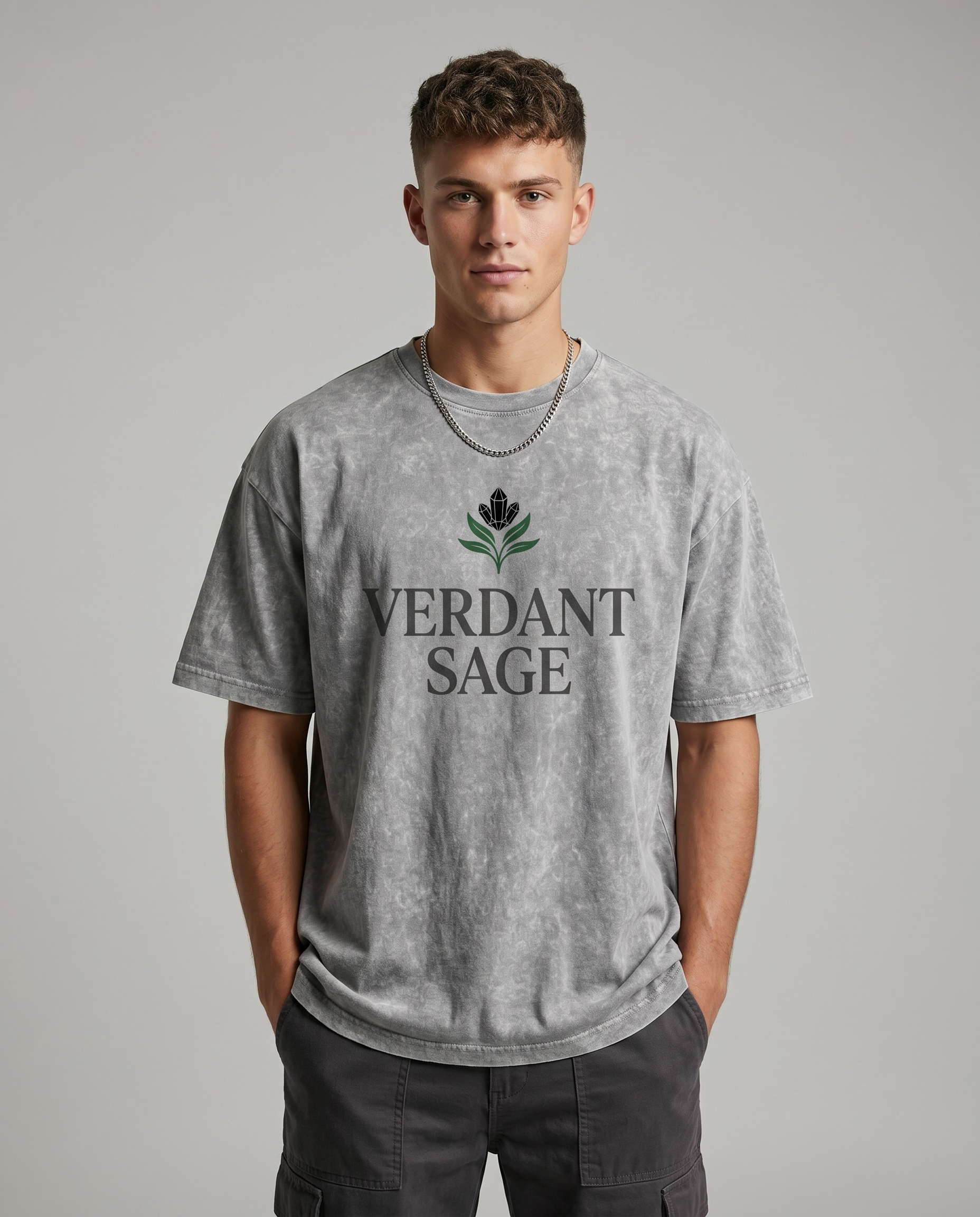 VERDANT SAGE Tee — model front, chest wordmark