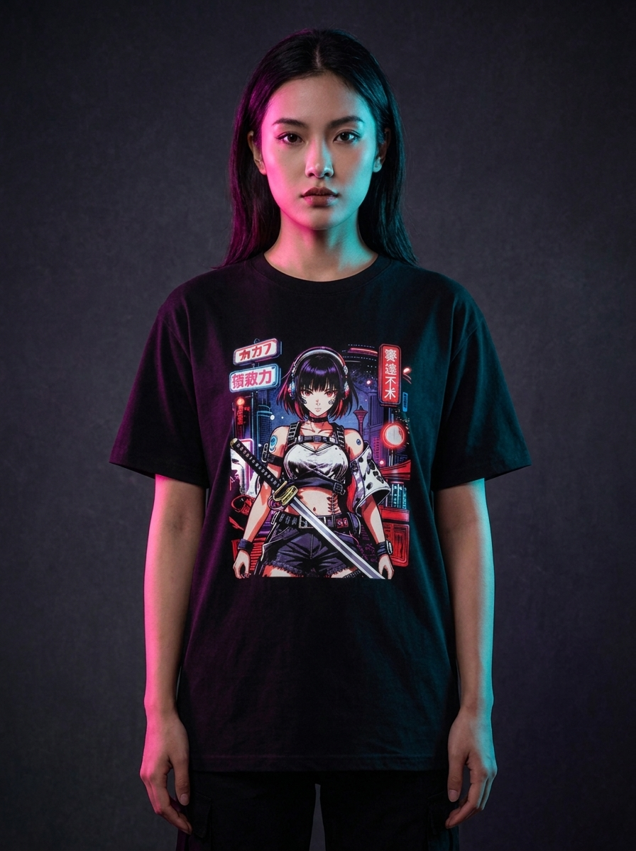 NEON YUREI Tee worn by model — Katana Girl print, Oni Theory streetwear