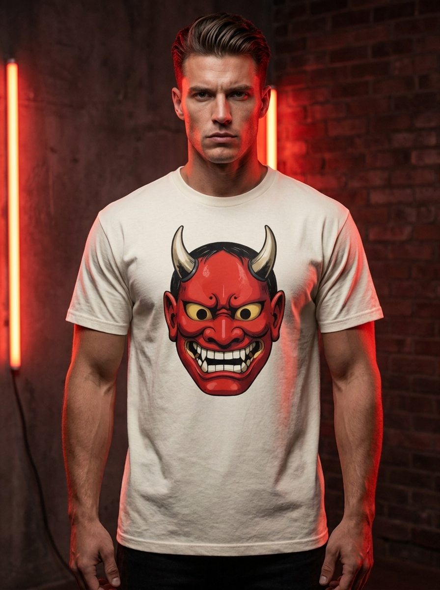 ONI MASK Tee worn by model — Bone colourway, Oni Theory streetwear